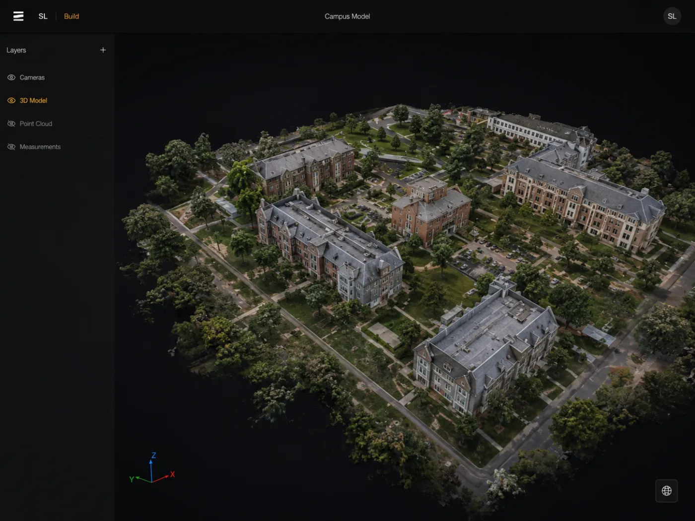 A reconstructed 3D campus model in the Spatial Logic build view